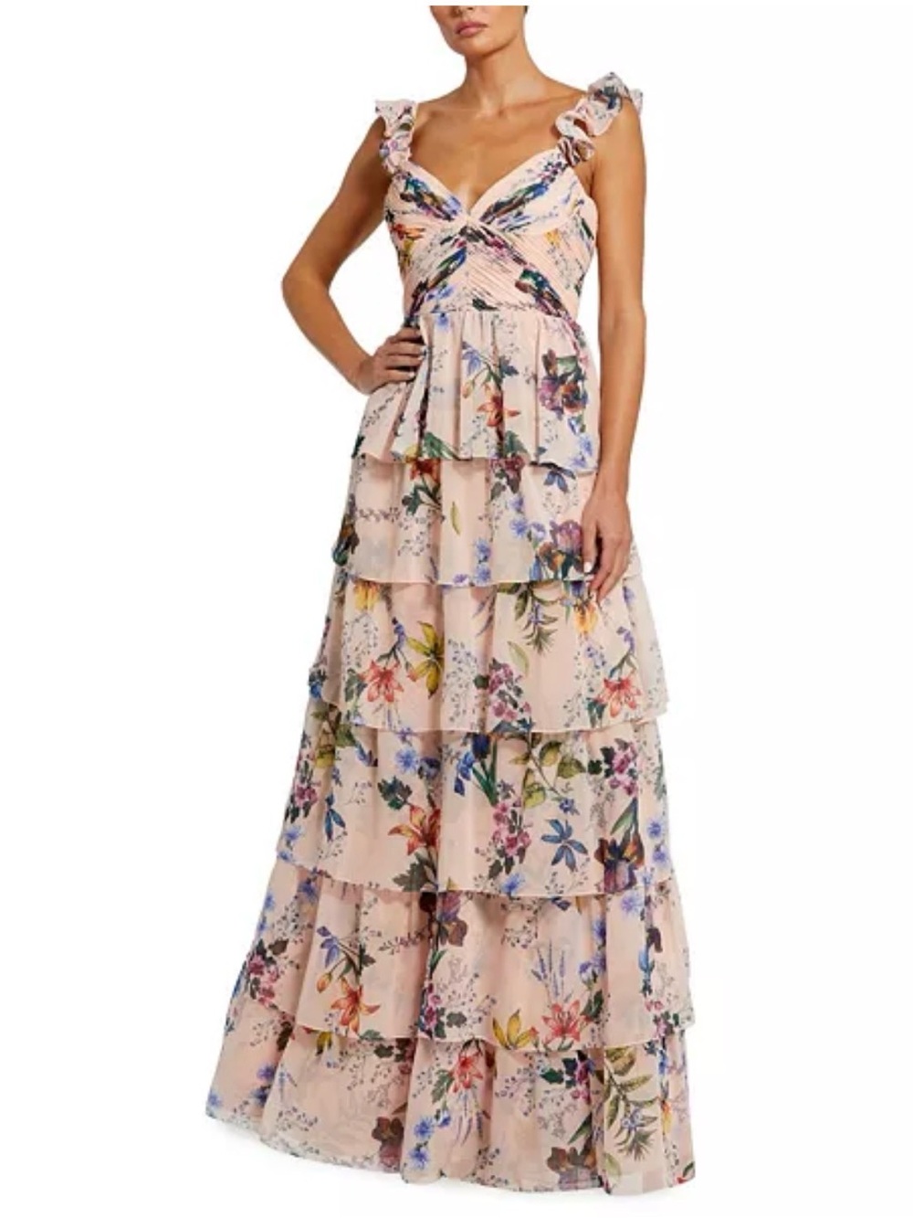 Floral Print V-Neck Ruffle Sleeveless Tiered Gown